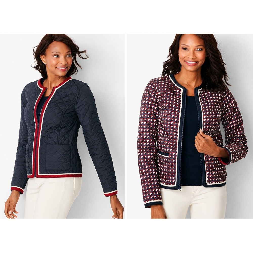 Talbots Reversible Quilted Jacket Women S Navy Red Geometric Zip Up Coat